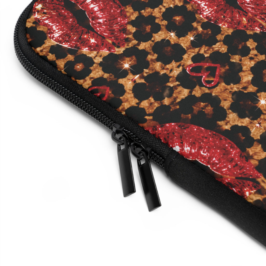 Leopard Print Laptop Sleeve with Red Lips | Cheetah Laptop Case | Cute Laptop Cover for Women | Trendy Protective Computer Sleeve