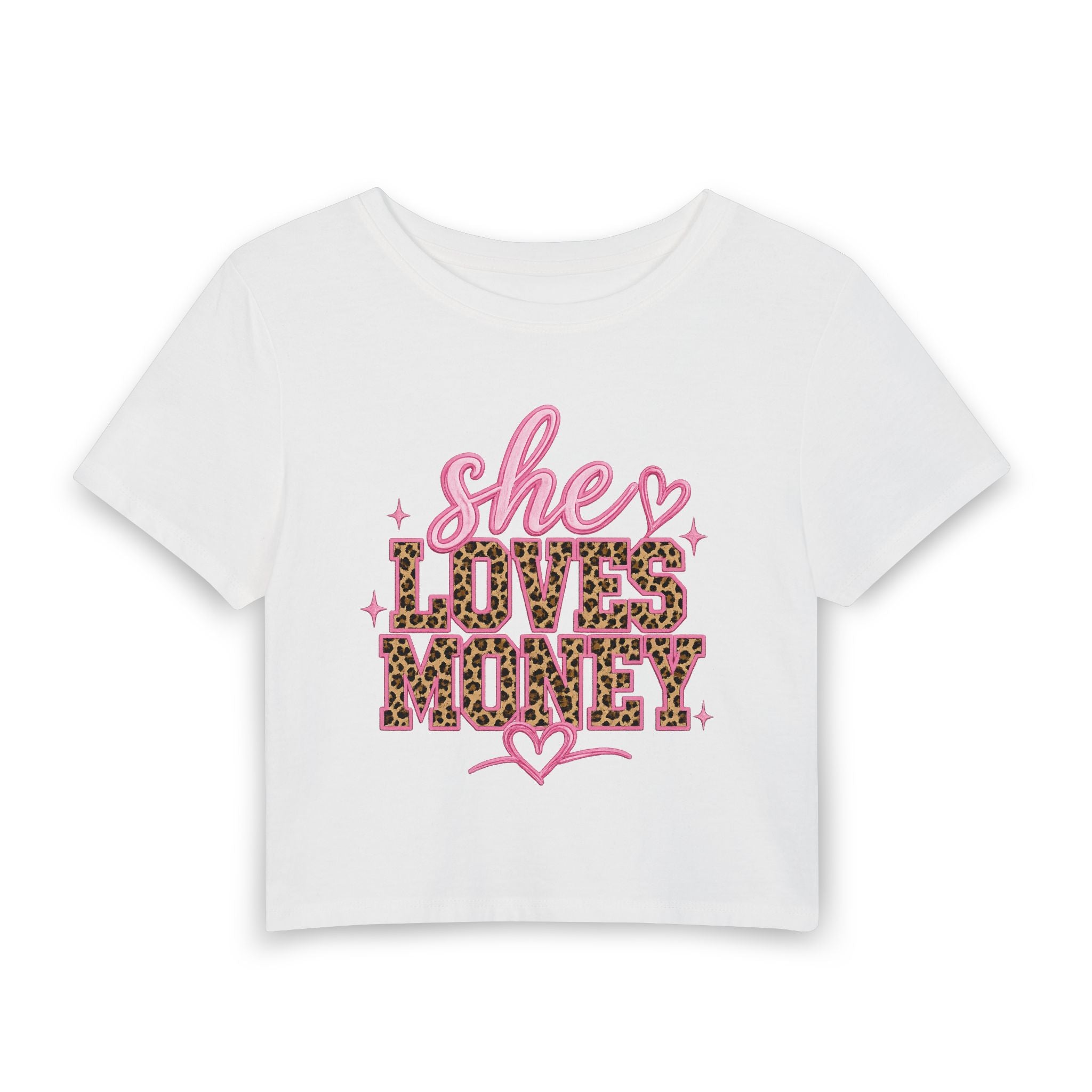 She Loves Money Graphic Baby Tee | Pink Leopard Print Crop Top | Girly Aesthetic Shirt