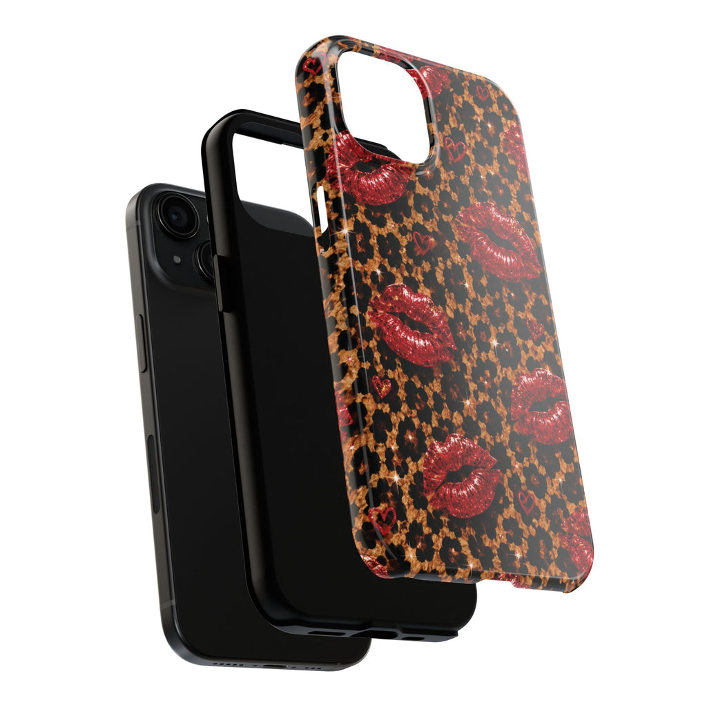 Wild Kisses Leopard Print Phone Case | Red Lip Print iPhone Case | Girly Cheetah Phone Cover | Cute Aesthetic Gift for Women
