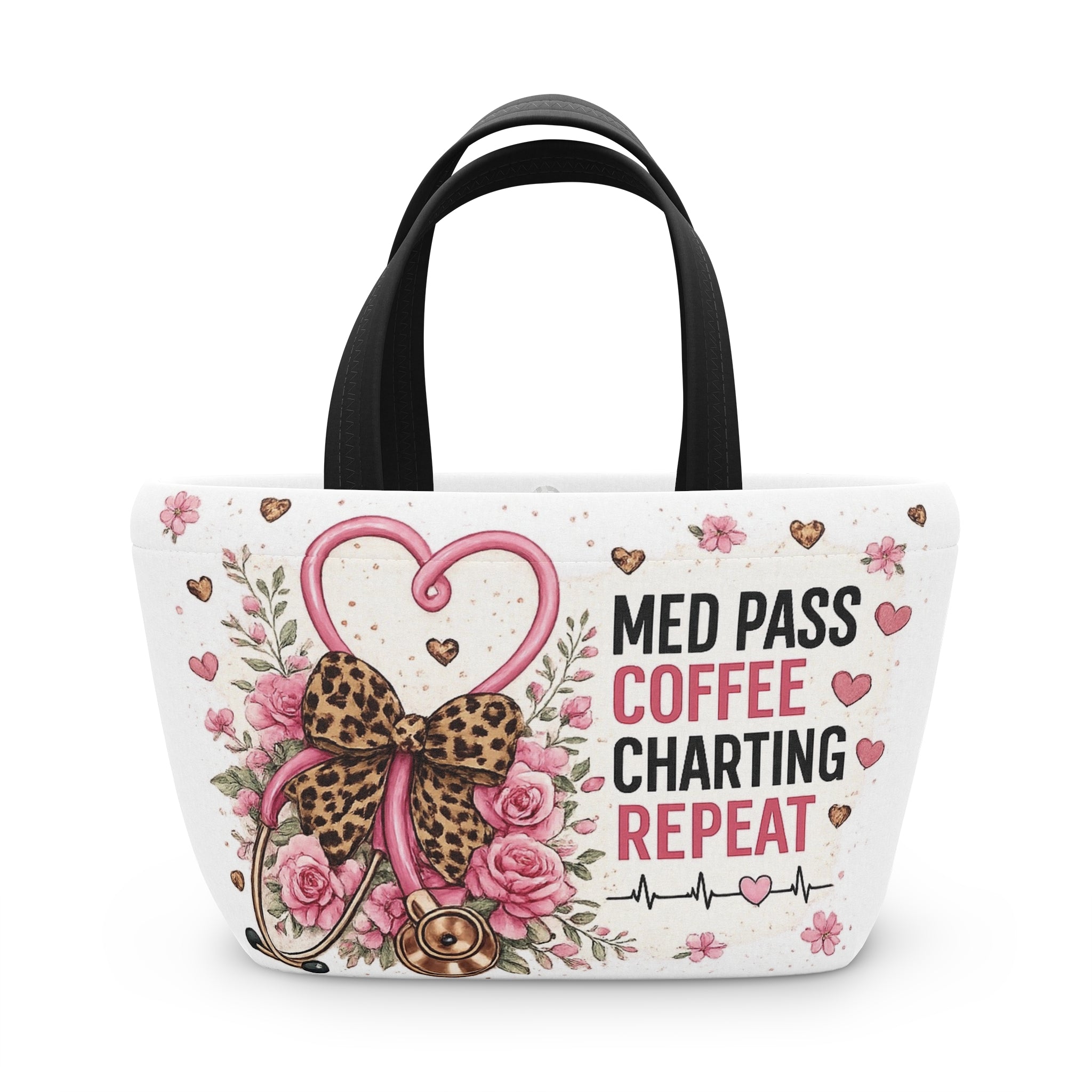 Nurse Med Pass Coffee Charting Repeat Insulated Lunch Bag — Floral Stethoscope Design