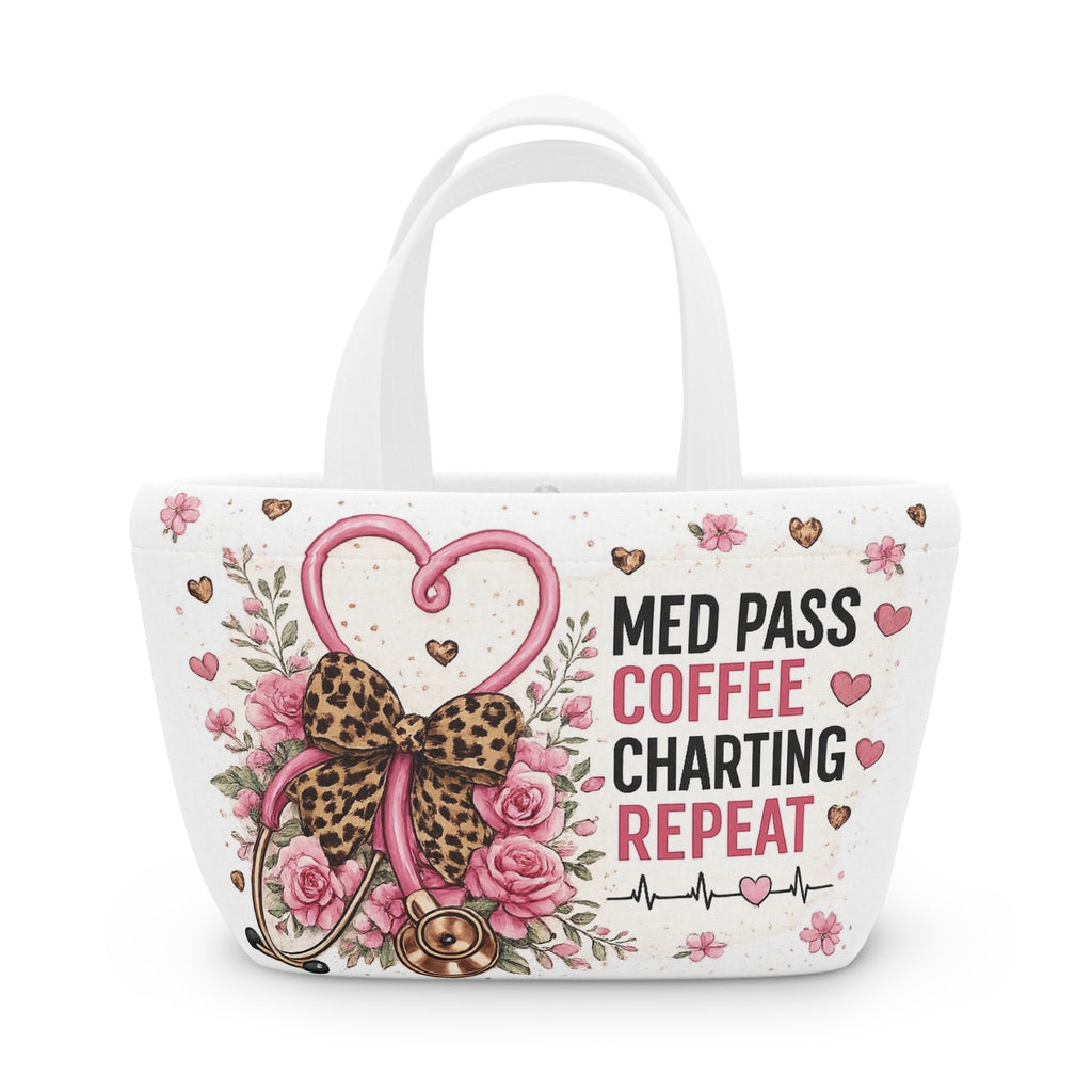Nurse Med Pass Coffee Charting Repeat Insulated Lunch Bag — Floral Stethoscope Design