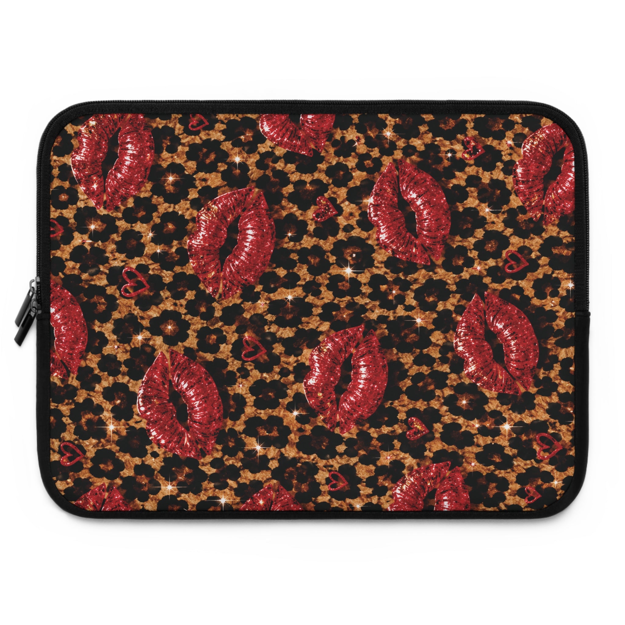 Leopard Print Laptop Sleeve with Red Lips | Cheetah Laptop Case | Cute Laptop Cover for Women | Trendy Protective Computer Sleeve