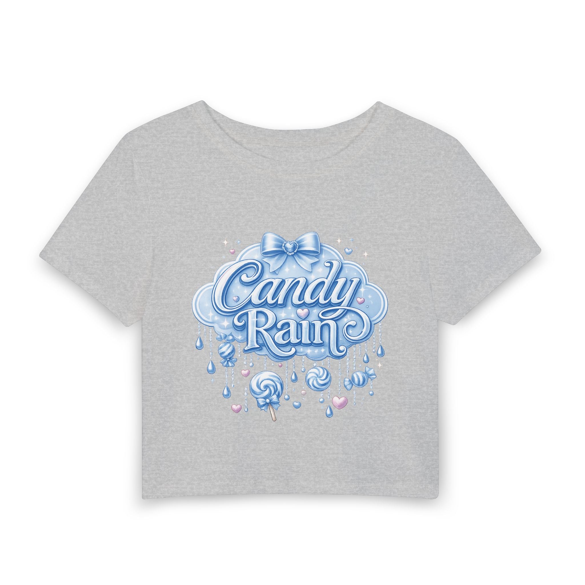 Candy Rain Baby Tee — Cute Pastel Bow Graphic Top
