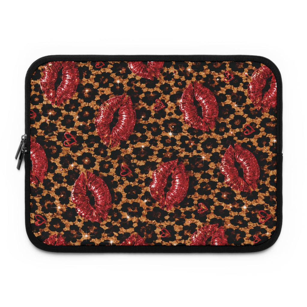 Leopard Print Laptop Sleeve with Red Lips | Cheetah Laptop Case | Cute Laptop Cover for Women | Trendy Protective Computer Sleeve