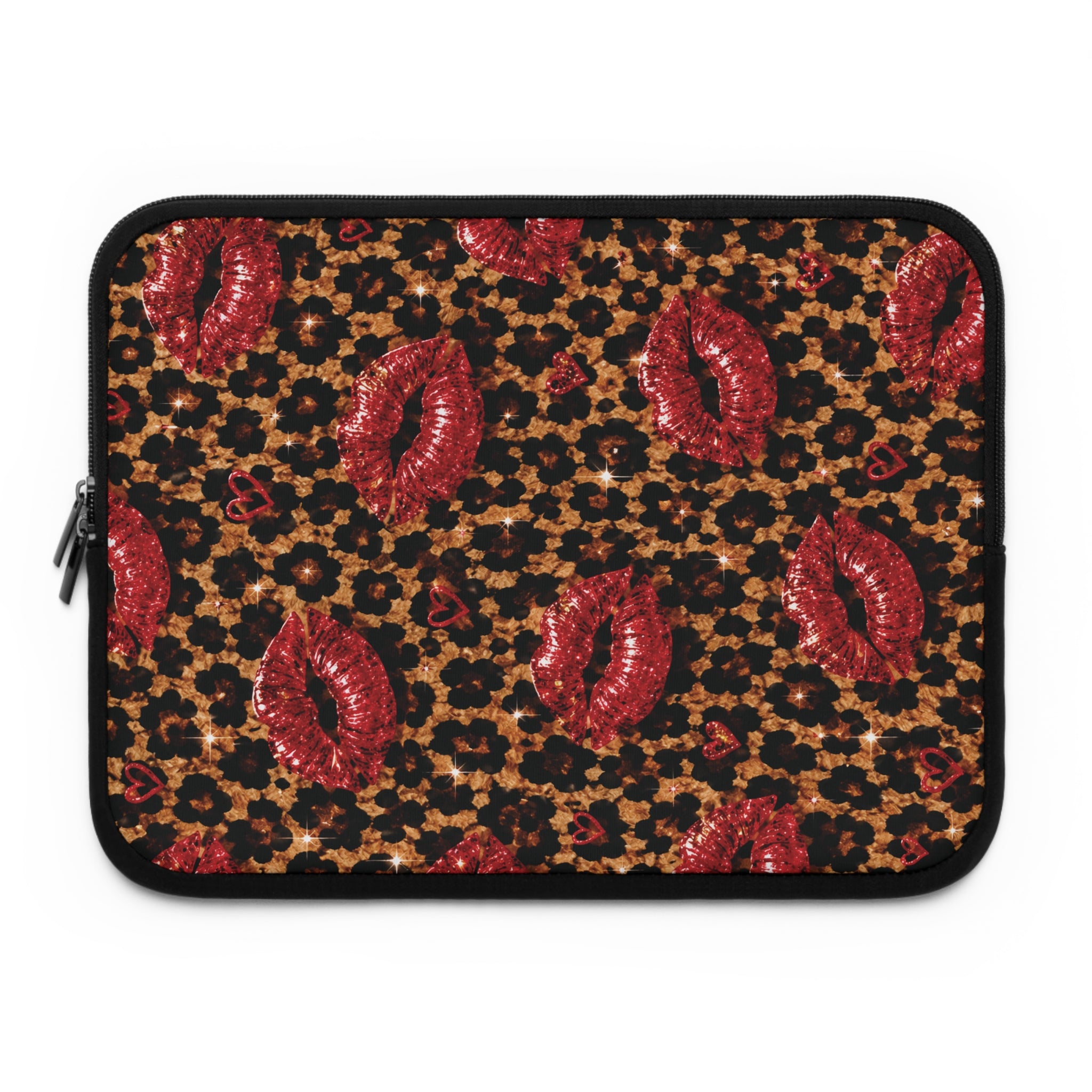 Leopard Print Laptop Sleeve with Red Lips | Cheetah Laptop Case | Cute Laptop Cover for Women | Trendy Protective Computer Sleeve