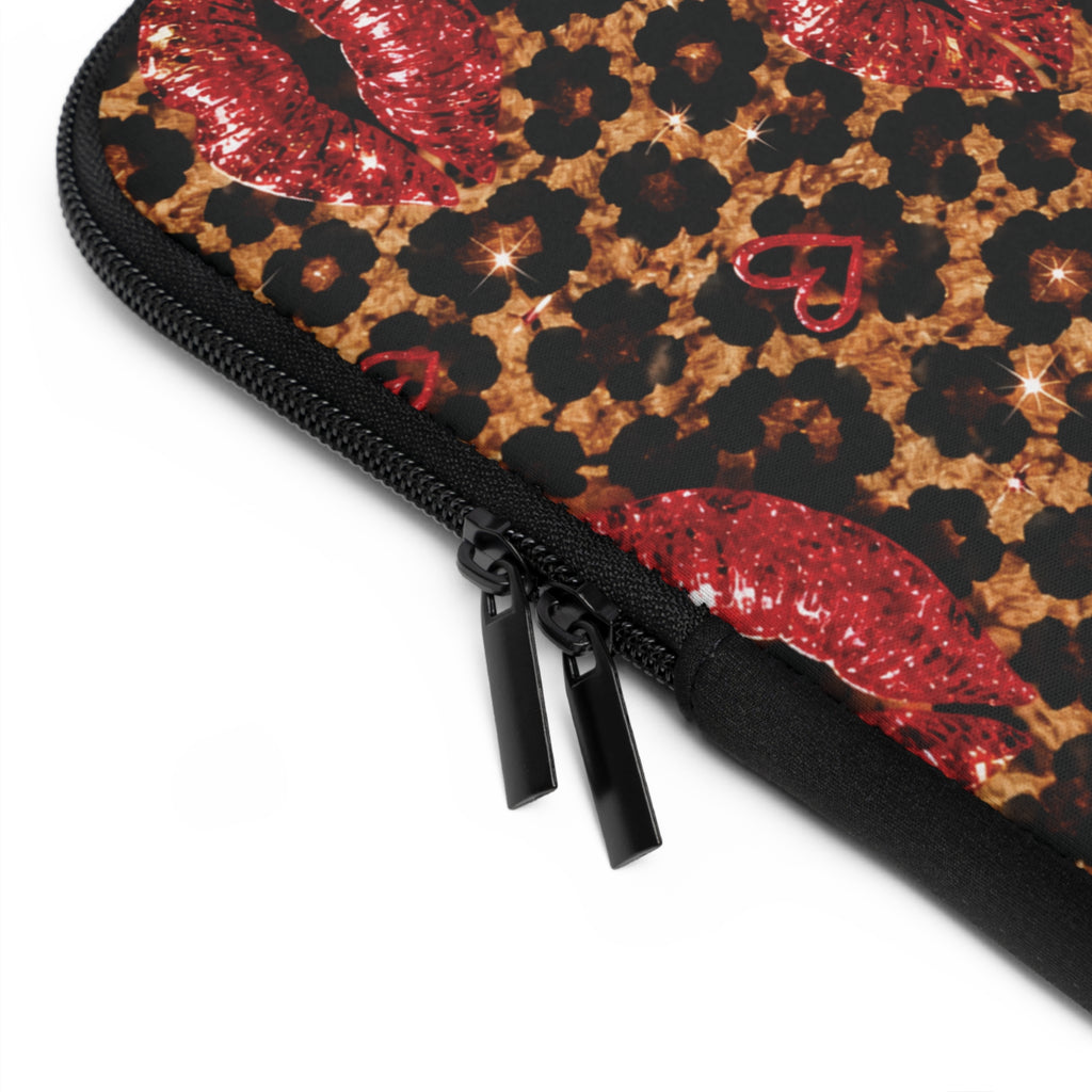 Leopard Print Laptop Sleeve with Red Lips | Cheetah Laptop Case | Cute Laptop Cover for Women | Trendy Protective Computer Sleeve