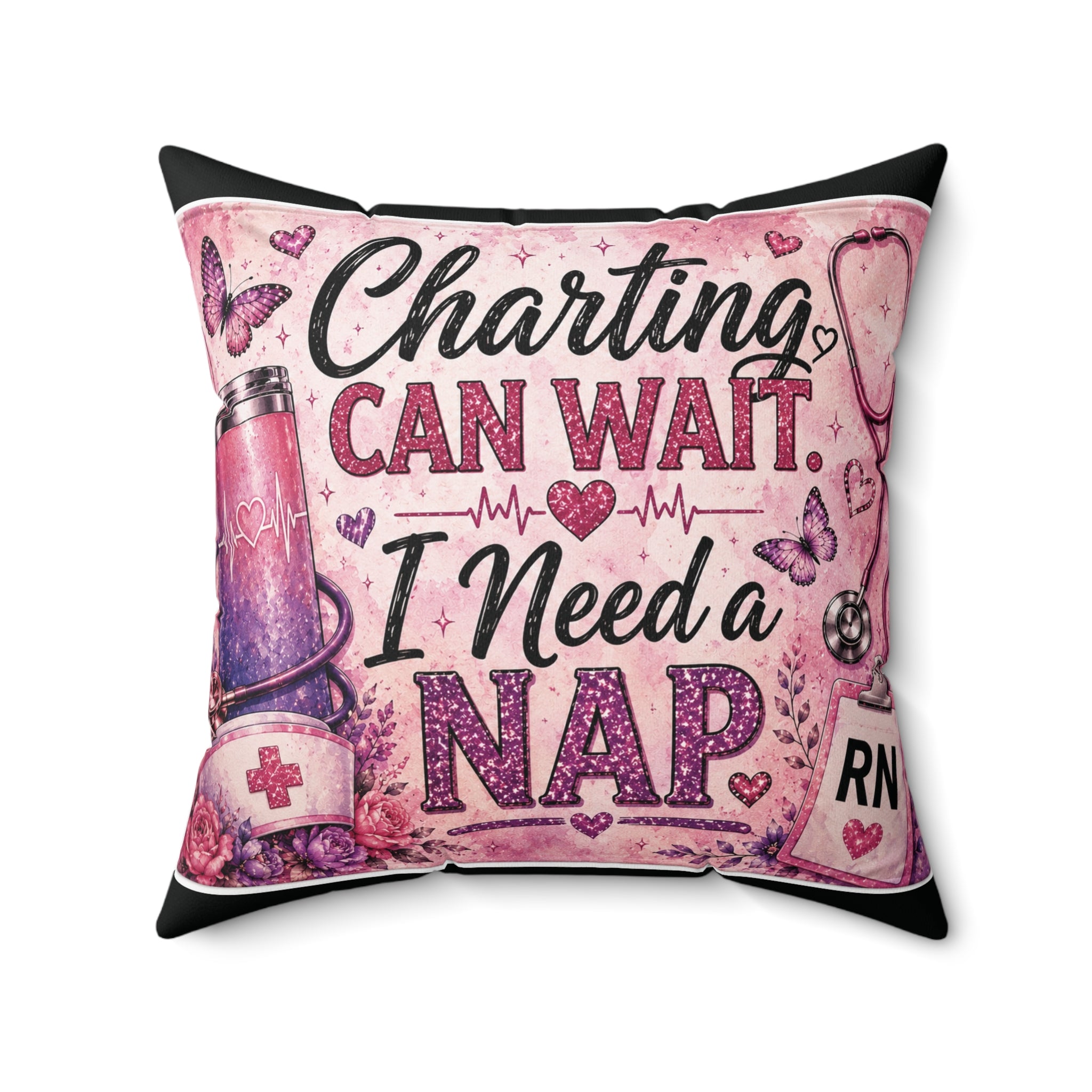 Charting Can Wait I Need A Nap Pillow | Funny Nurse Pillow | RN Gift for Nurses | Cute Pink Nursing Decor | Healthcare Worker Cushion