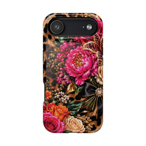 Floral Leopard Phone Case — Magnetic Impact‑Resistant iPhone Case with Pink & Orange Roses