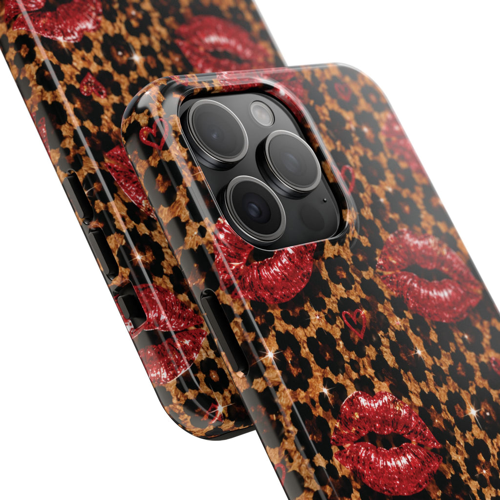 Wild Kisses Leopard Print Phone Case | Red Lip Print iPhone Case | Girly Cheetah Phone Cover | Cute Aesthetic Gift for Women