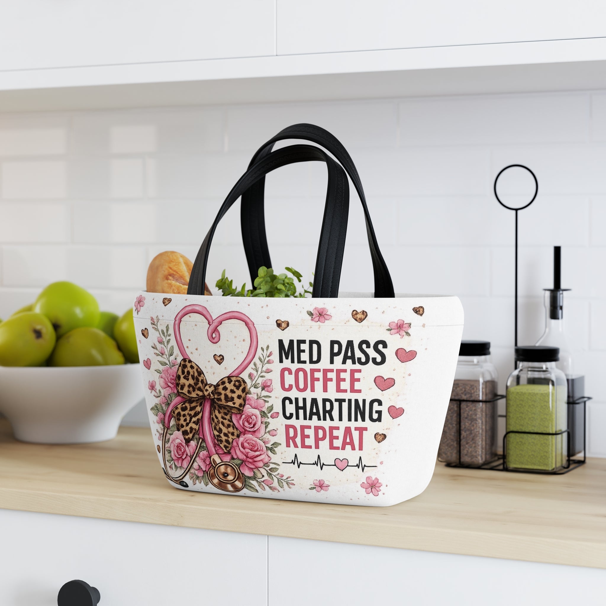 Nurse Med Pass Coffee Charting Repeat Insulated Lunch Bag — Floral Stethoscope Design