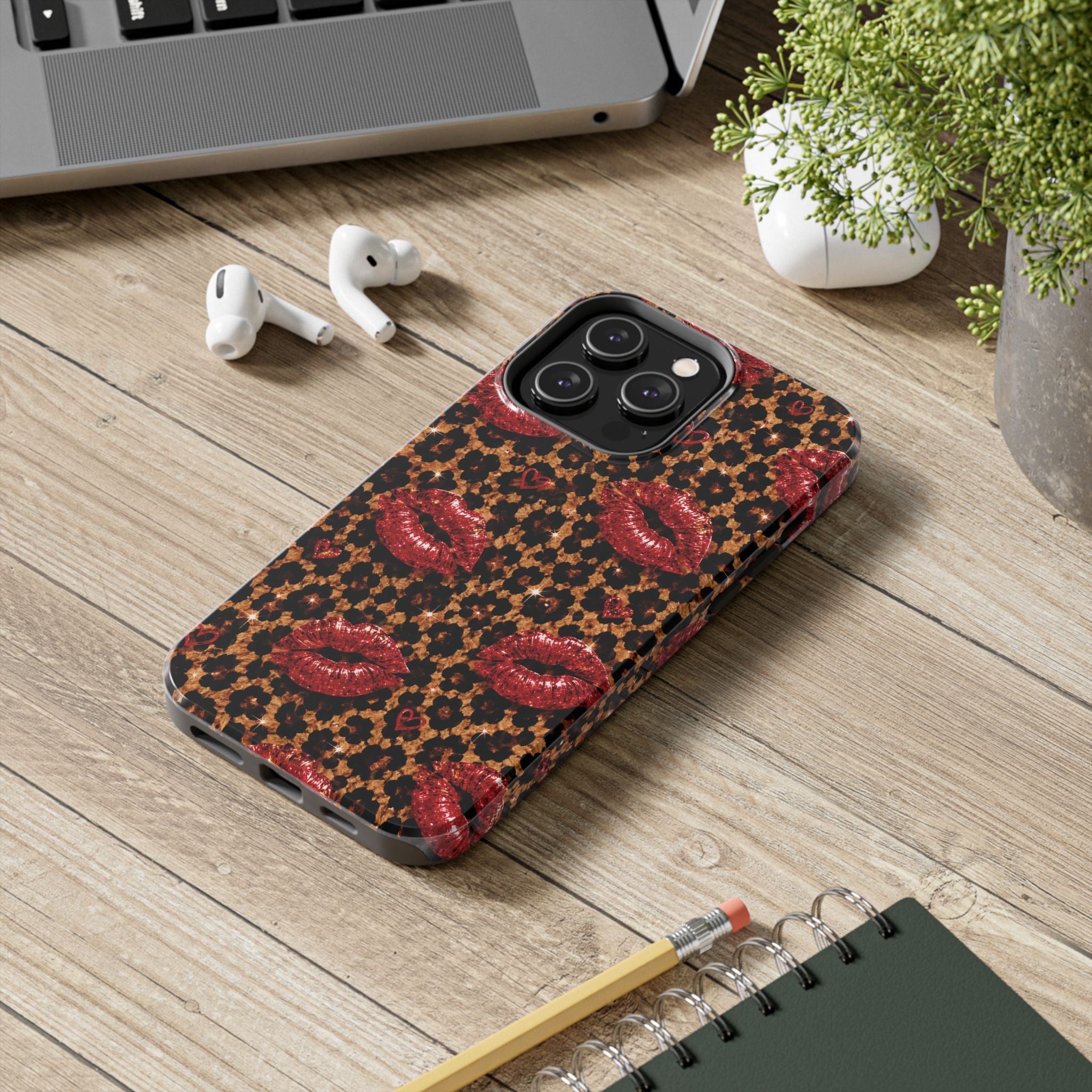 Wild Kisses Leopard Print Phone Case | Red Lip Print iPhone Case | Girly Cheetah Phone Cover | Cute Aesthetic Gift for Women