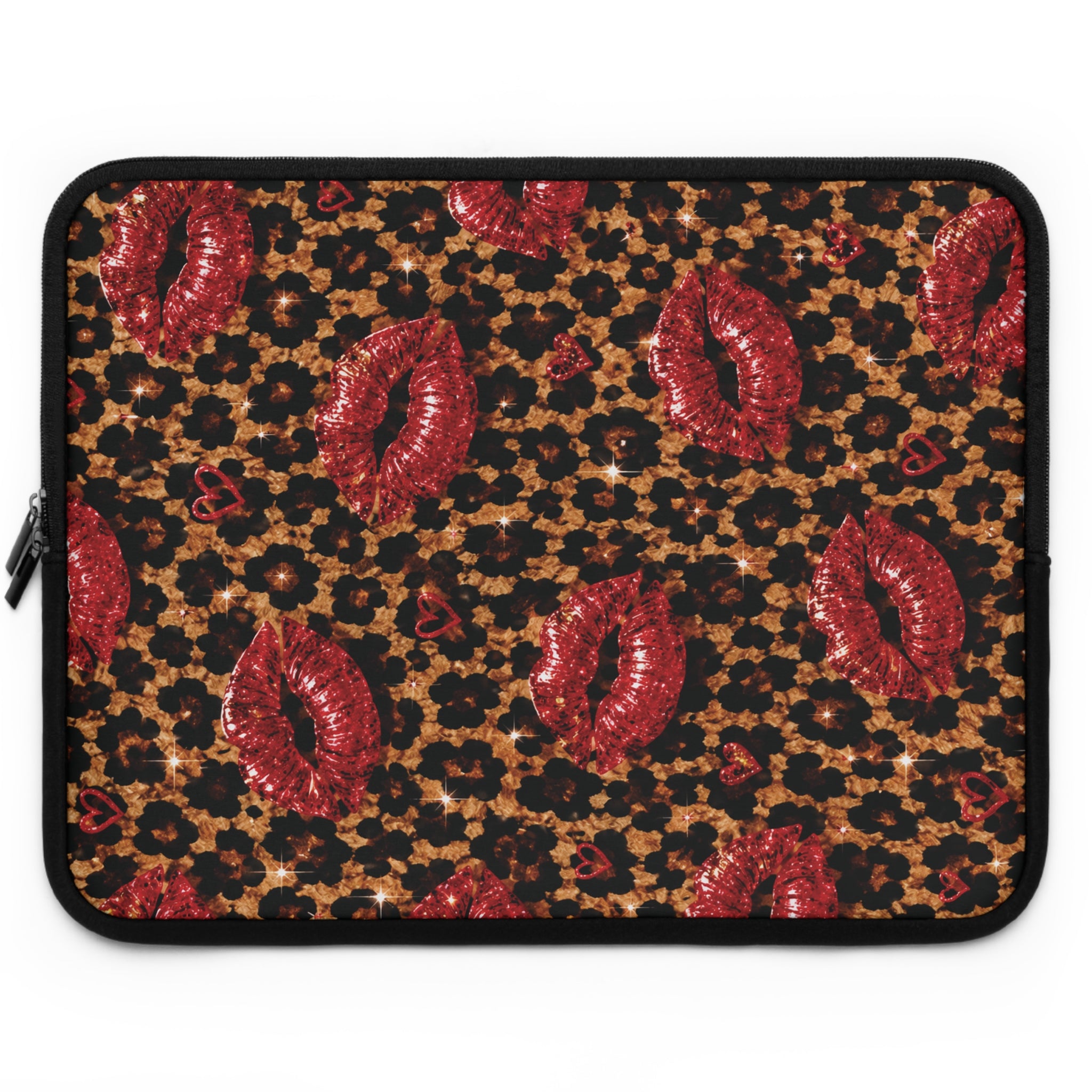 Leopard Print Laptop Sleeve with Red Lips | Cheetah Laptop Case | Cute Laptop Cover for Women | Trendy Protective Computer Sleeve