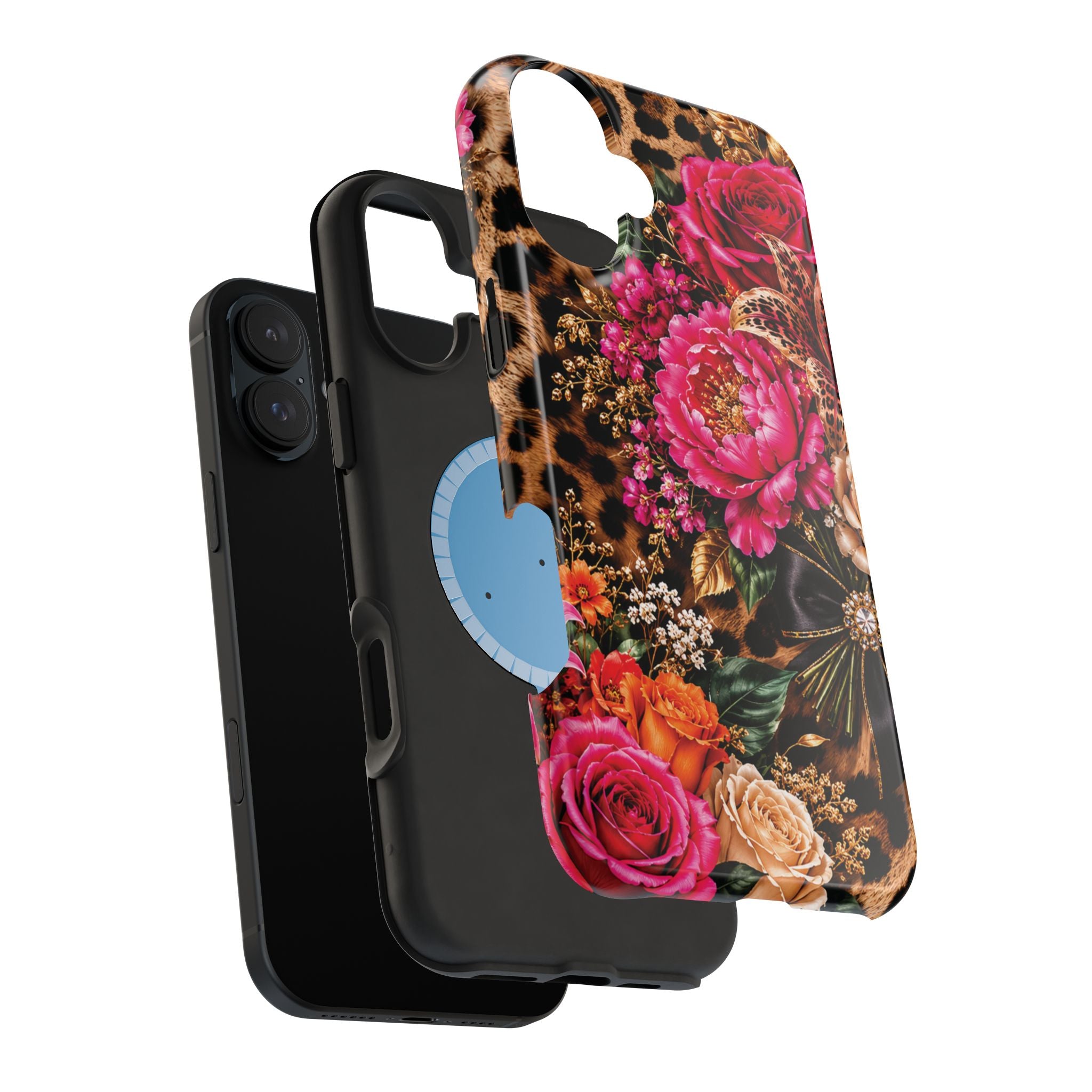 Floral Leopard Phone Case — Magnetic Impact‑Resistant iPhone Case with Pink & Orange Roses