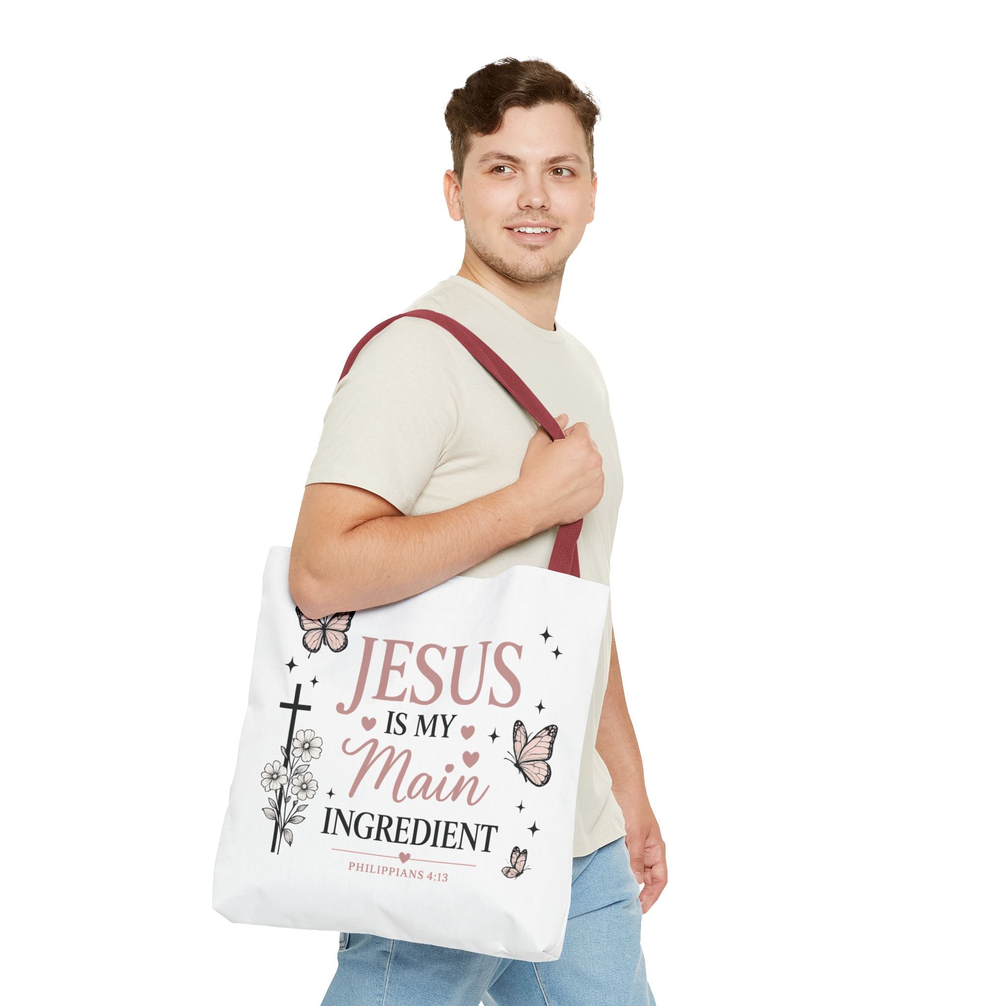 Christian Tote Bag for Women | Jesus Is My Main Ingredient | Faith Based Tote | Bible Study Bag | Church Bag | Philippians 4:13 Gift