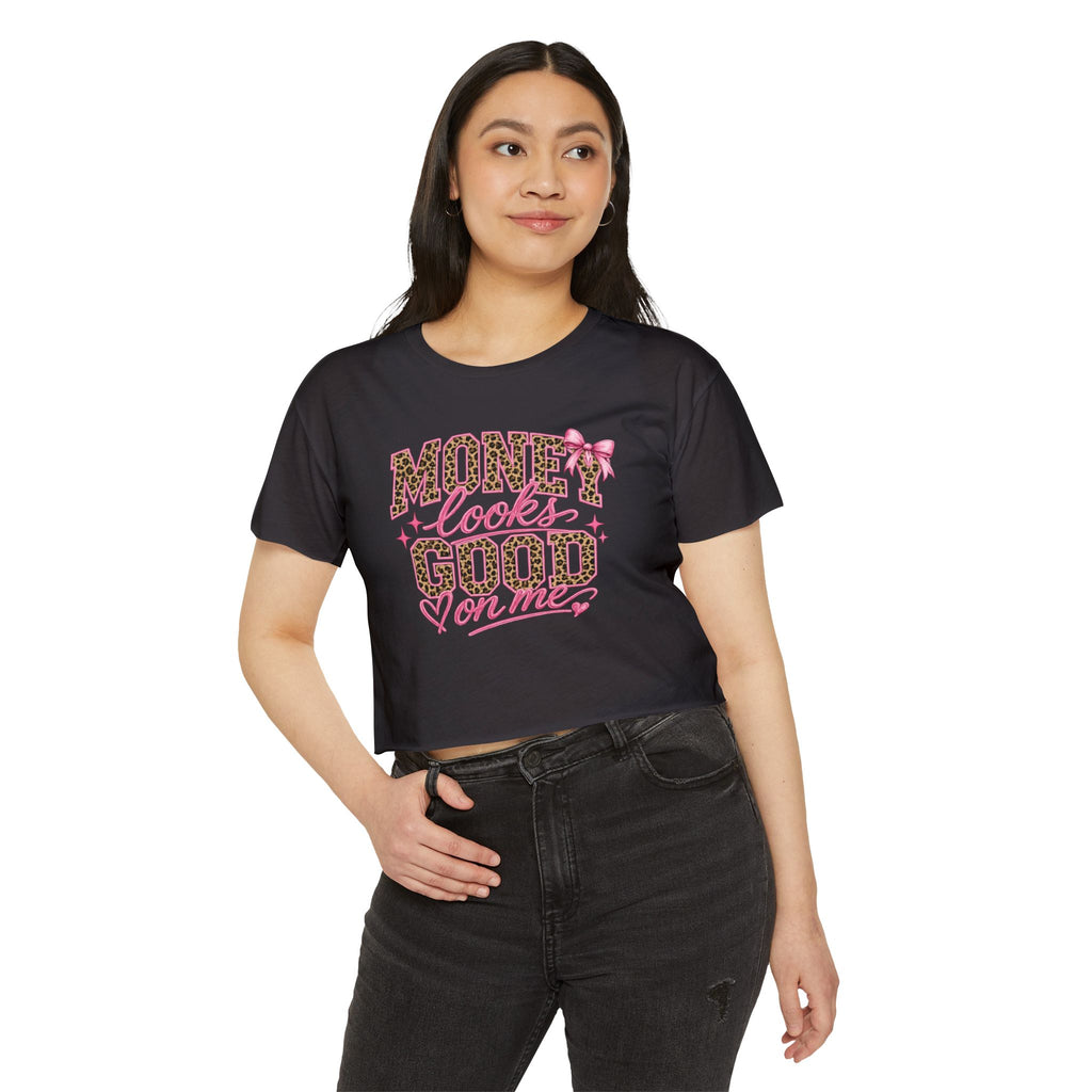 Money Looks Good On Me Crop Top | Leopard Print Pink Script