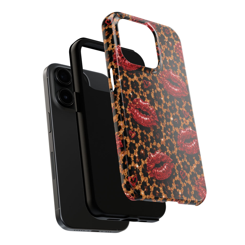 Wild Kisses Leopard Print Phone Case | Red Lip Print iPhone Case | Girly Cheetah Phone Cover | Cute Aesthetic Gift for Women
