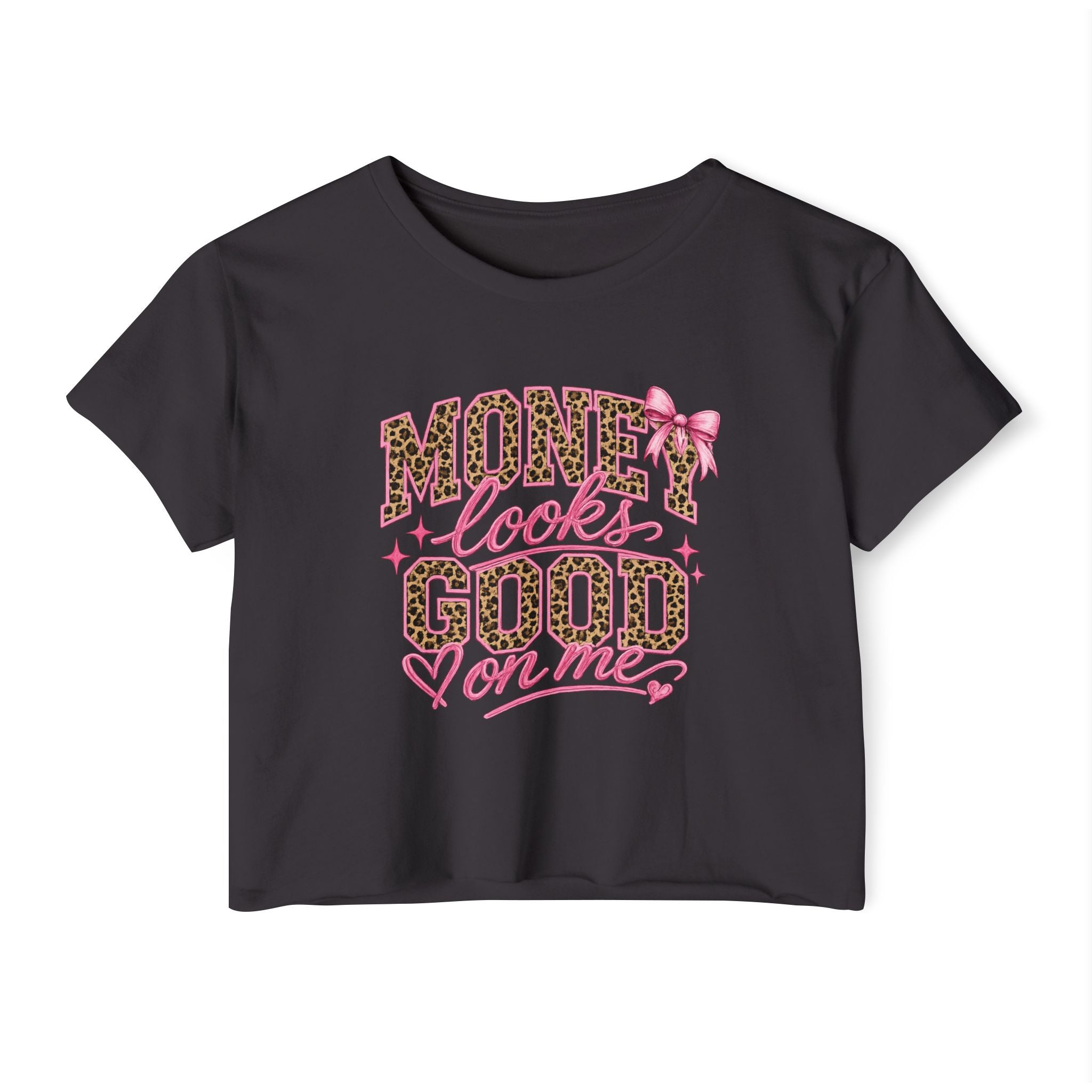 Money Looks Good On Me Crop Top | Leopard Print Pink Script