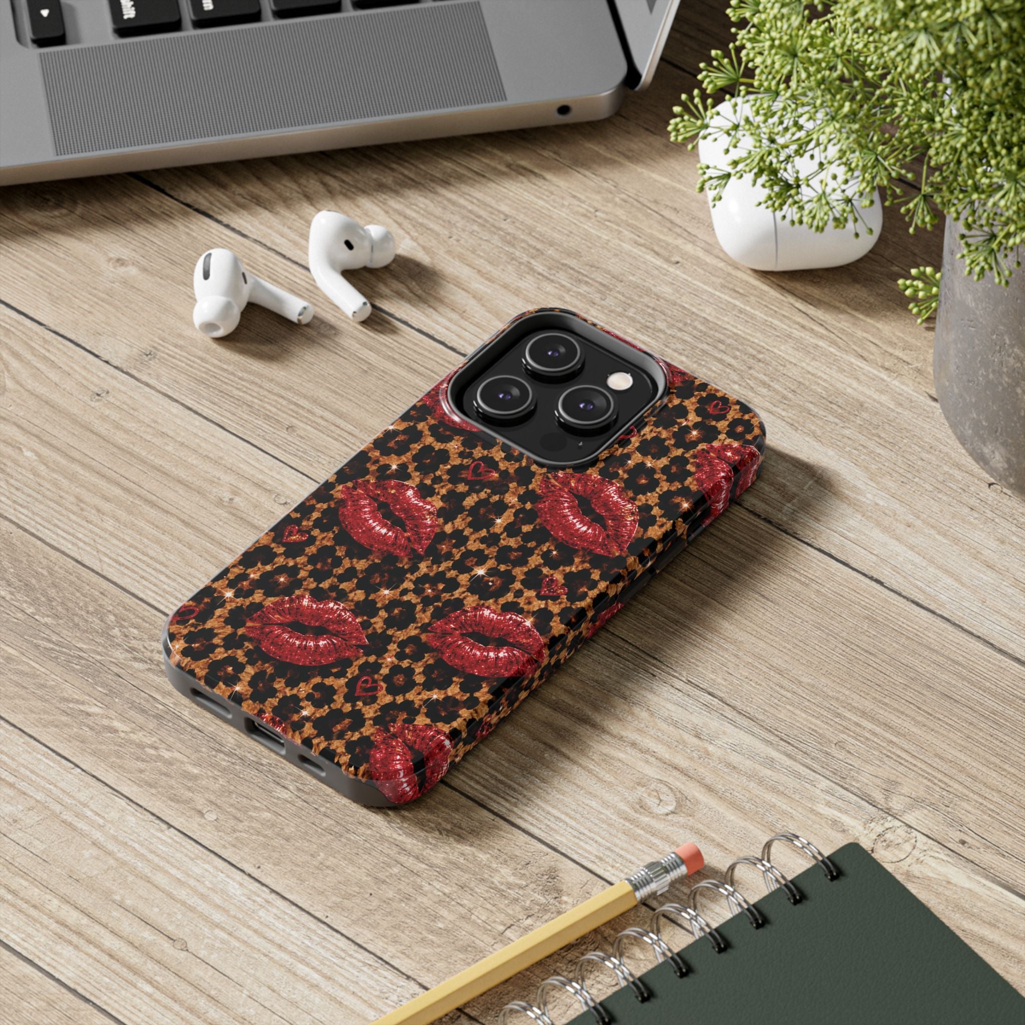 Wild Kisses Leopard Print Phone Case | Red Lip Print iPhone Case | Girly Cheetah Phone Cover | Cute Aesthetic Gift for Women