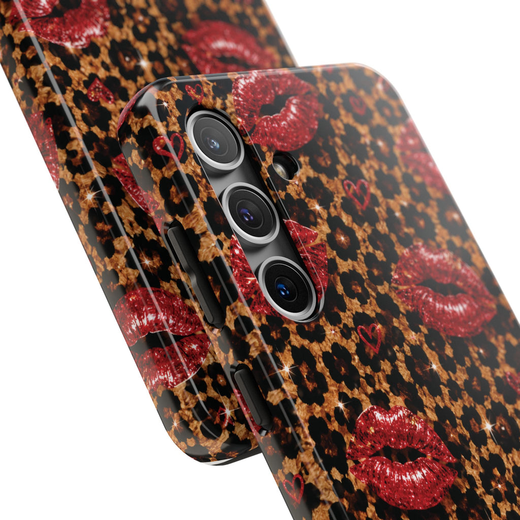 Wild Kisses Leopard Print Phone Case | Red Lip Print iPhone Case | Girly Cheetah Phone Cover | Cute Aesthetic Gift for Women