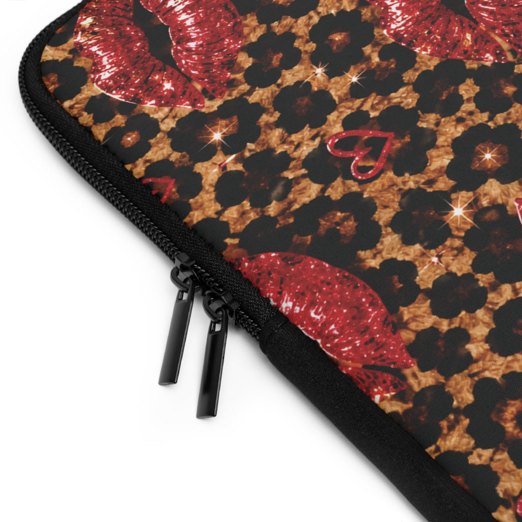 Leopard Print Laptop Sleeve with Red Lips | Cheetah Laptop Case | Cute Laptop Cover for Women | Trendy Protective Computer Sleeve