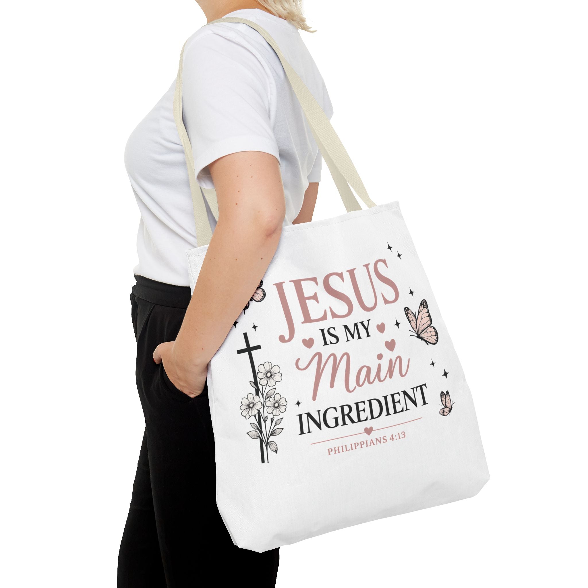 Christian Tote Bag for Women | Jesus Is My Main Ingredient | Faith Based Tote | Bible Study Bag | Church Bag | Philippians 4:13 Gift