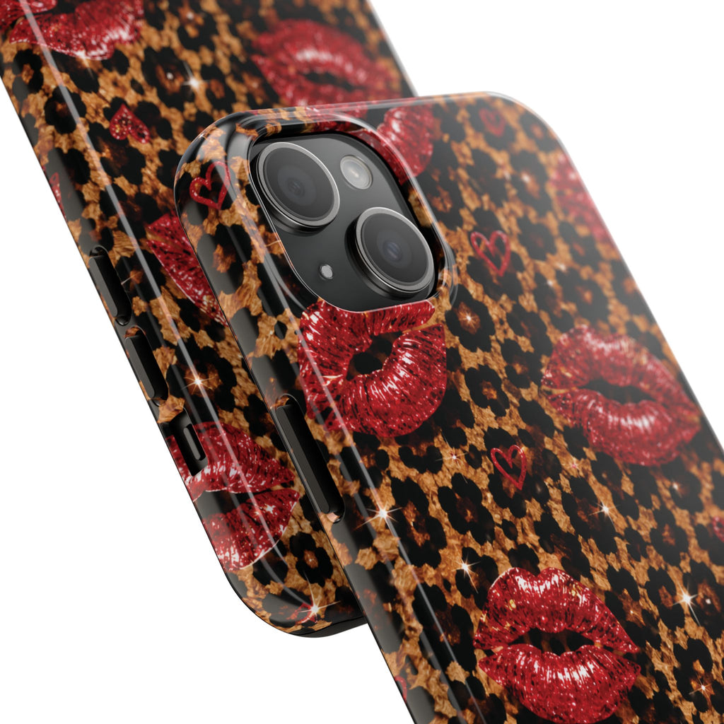 Wild Kisses Leopard Print Phone Case | Red Lip Print iPhone Case | Girly Cheetah Phone Cover | Cute Aesthetic Gift for Women