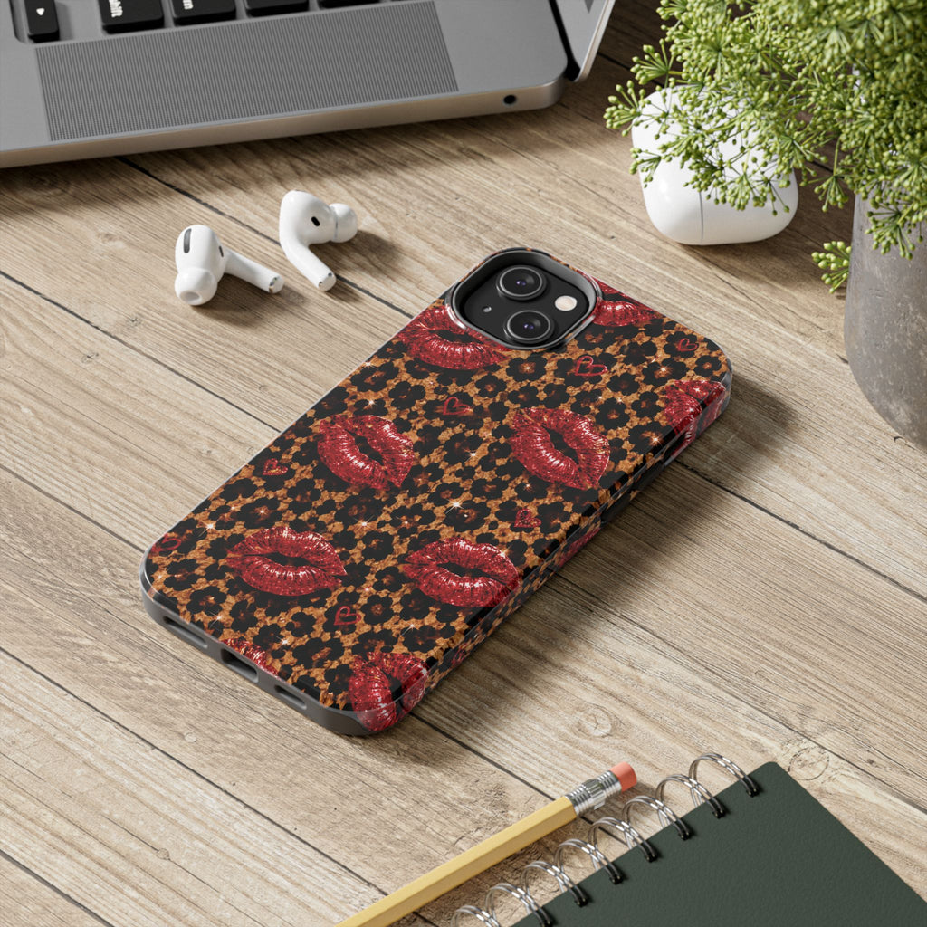 Wild Kisses Leopard Print Phone Case | Red Lip Print iPhone Case | Girly Cheetah Phone Cover | Cute Aesthetic Gift for Women