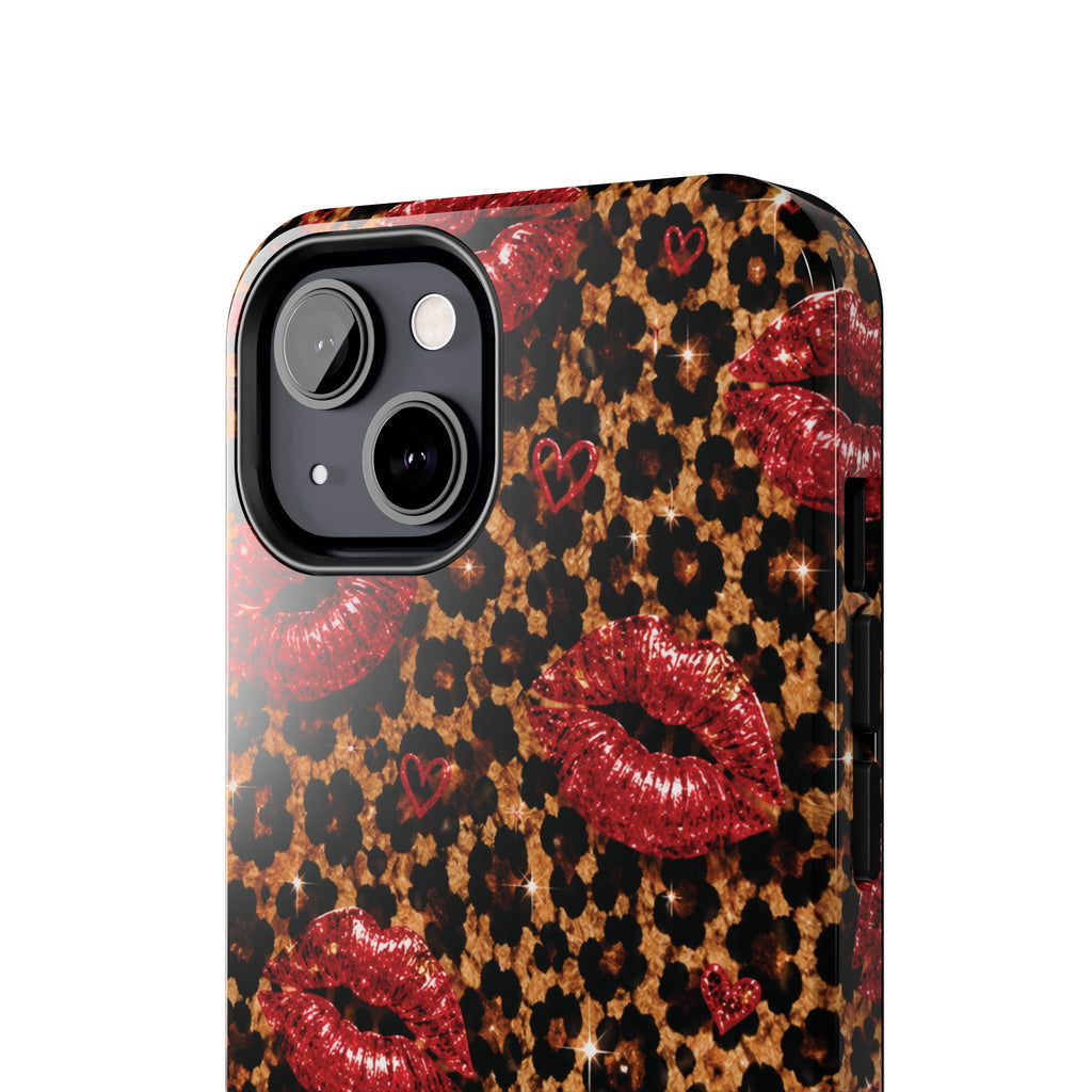 Wild Kisses Leopard Print Phone Case | Red Lip Print iPhone Case | Girly Cheetah Phone Cover | Cute Aesthetic Gift for Women