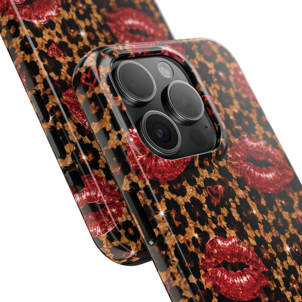 Wild Kisses Leopard Print Phone Case | Red Lip Print iPhone Case | Girly Cheetah Phone Cover | Cute Aesthetic Gift for Women