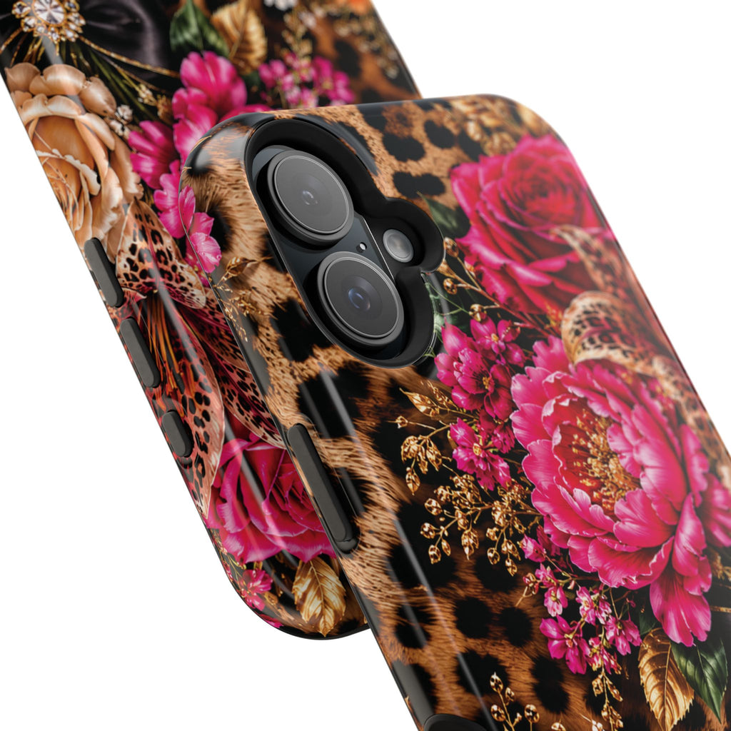 Floral Leopard Phone Case — Magnetic Impact‑Resistant iPhone Case with Pink & Orange Roses