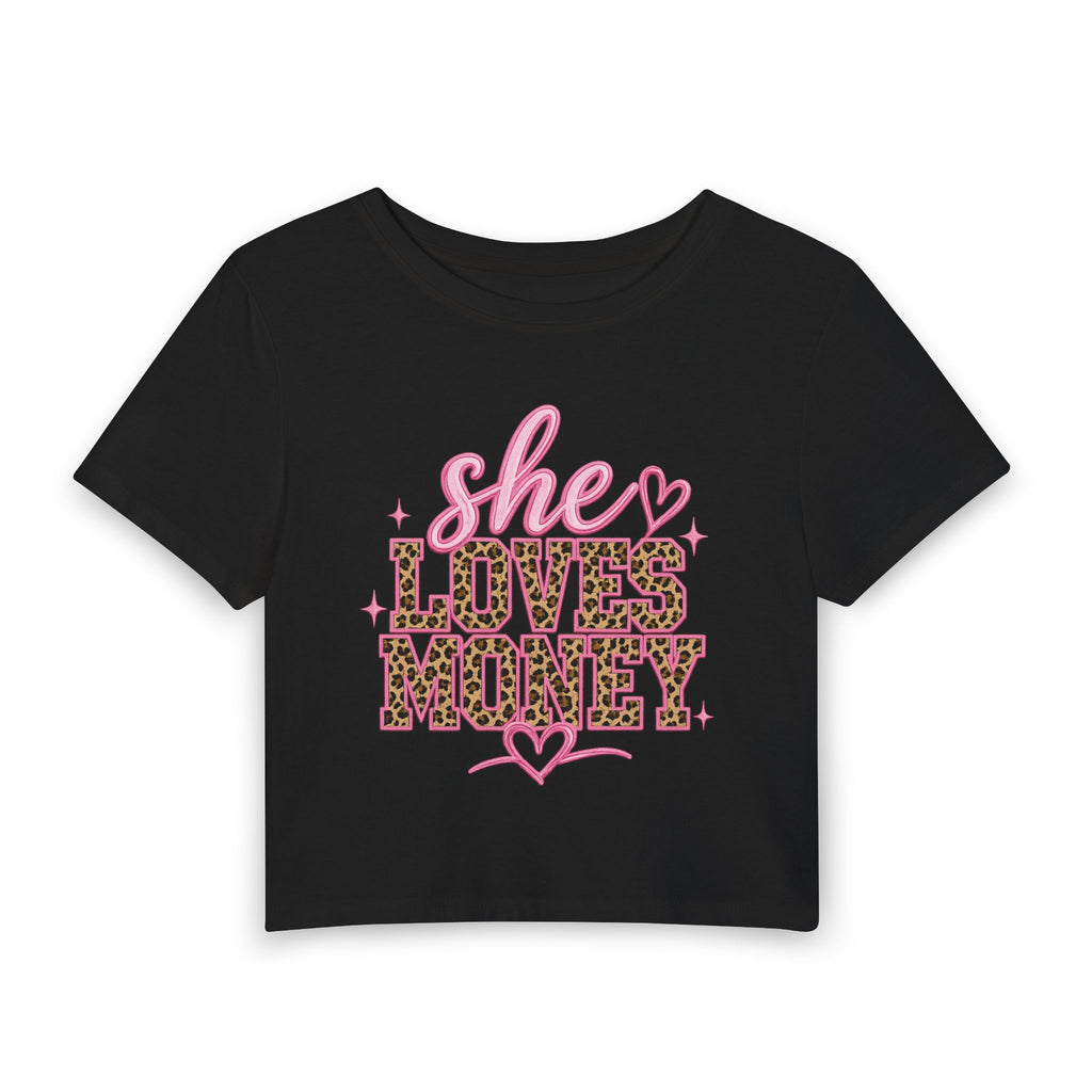She Loves Money Graphic Baby Tee | Pink Leopard Print Crop Top | Girly Aesthetic Shirt